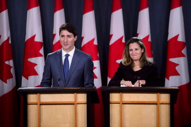 Prime Minister Justin Trudeau and Foreign Affairs Minister Chrystia Freeland hold a press conference regarding the United States Mexico Canada Agreement (USMCA) at the National Press Theatre, in Ottawa on Oct. 1, 2018.