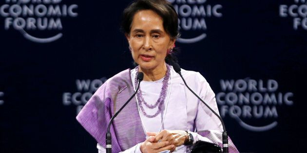 Myanmar State Counsellor Aung San Suu Kyi speaks at the plenary session of the World Economic Forum on ASEAN at the Convention Center in Hanoi, Vietnam on Sept. 12, 2018.