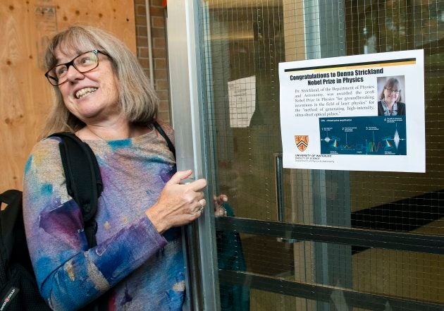 Donna Strickland enters the University of Waterloo's physics building after being awarded the 2018 Nobel Prize for Physics.