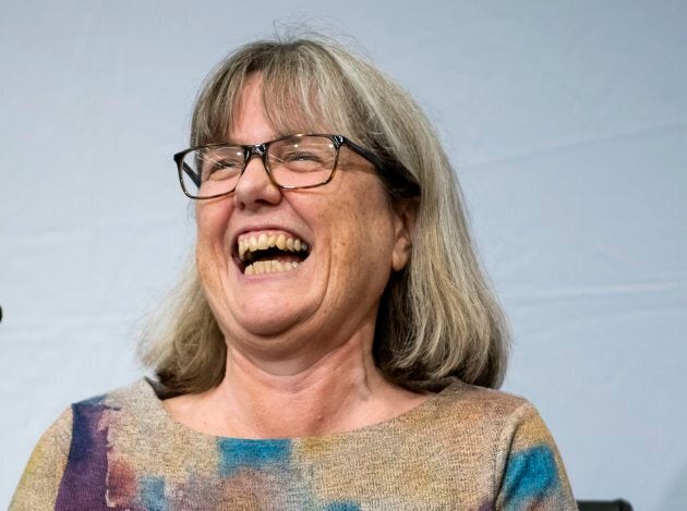 Donna Strickland speaks at a press conference after being awarded the 2018 Nobel Prize for Physics.