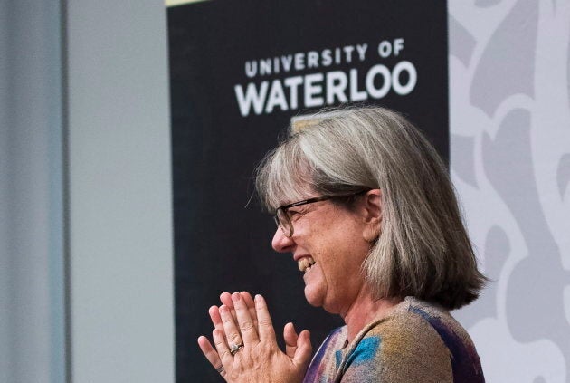 Noble Prize winner Donna Strickland smiles as she receives a standing ovation during a press conference regarding her prestigious award in Waterloo, Ont., on Tuesday, Oct. 2, 2018.
