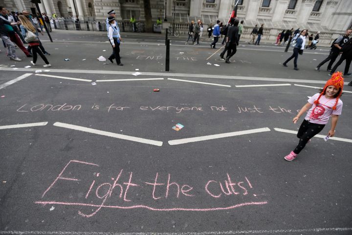 A protest against the Tory government and its austerity policies in London, England on June 20, 2015.