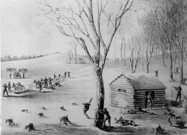 A depiction of the Battle of Duck Lake during the Riel Rebellion.