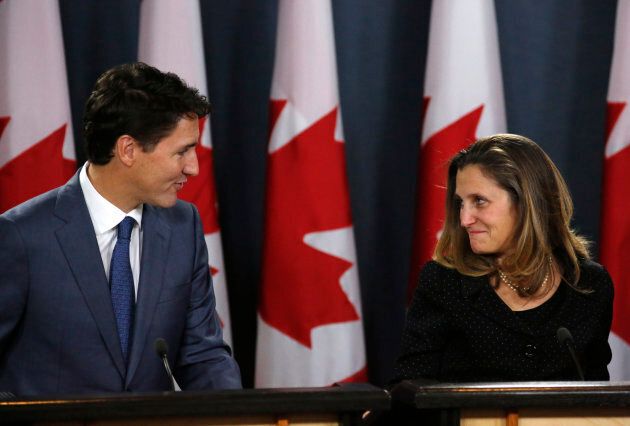 Canadian Prime Minister Justin Trudeau and minister of Foreign Affairs Chrystia Freeland announce the new trade agreement between Canada, the United States and Mexico, in Ottawa on Oct. 1, 2018.