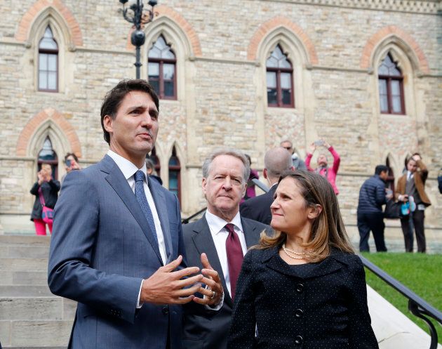 Canadian Prime Minister Justin Trudeau Canada's chief trade negotiator Steve Verheul and minister of Foreign Affairs Chrystia Freeland walk to a press conference to announce the new USMCA trade pact in Ottawa on Oct. 1, 2018.