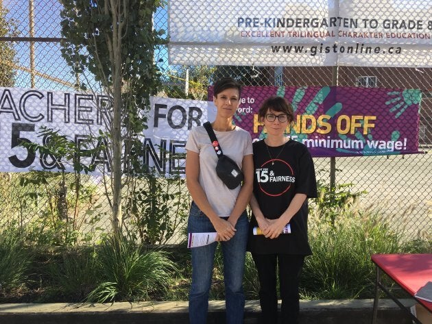 Teachers Sarah Peek and Melanie Wilson were talking to commuters at Dufferin Station in Toronto about Ontario's minimum wage.