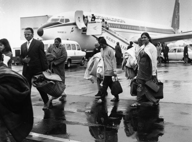 Ugandan Asians disembark the first of several specially chartered flights to Britain after military dictator Idi Amin implements a new regime expelling all Asians.