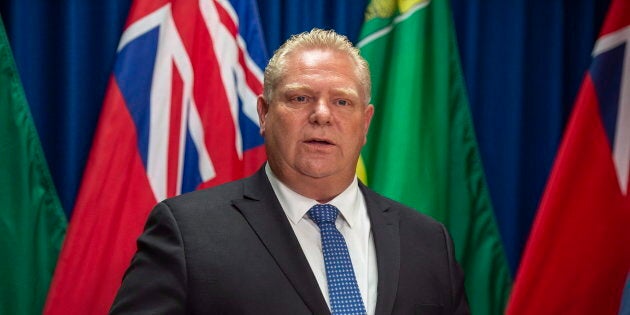 Ontario Premier Doug Ford speaks during a media event in Saskatoon on Oct. 4, 2018.