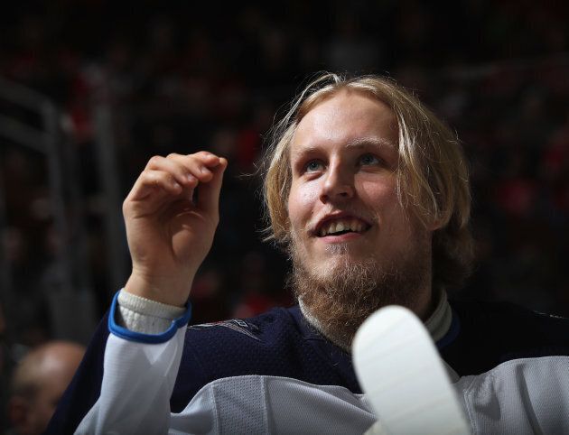Patrik Laine prepares to play against the New Jersey Devils at the Prudential Center on March 8, 2018.