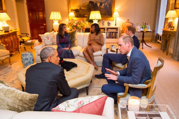 The Duke and Duchess of Cambridge hosted then-U.S. President Barack Obama and First Lady Michelle in the drawing room of their Kensington Palace home in April 2016. Prince Harry was also present.