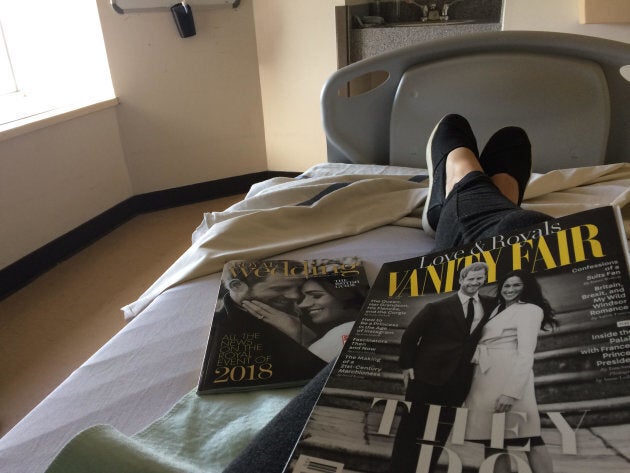 The author waiting to be prepped for her second D&C. Her surgery was the day before the Royal Wedding, and she's still bummed she had to miss work and never got to write about the Mulroney twins.