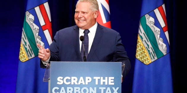Ontario Premier Doug Ford speaks to supporters at an anti-carbon tax rally in Calgary on Oct. 5, 2018.