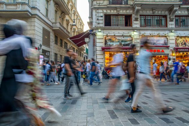 Taksim ISTANBUL, TURKEY - Agust 11 , 2018 : Long exposure or slow shutter speed and blurred image:Unidentified people walk at Istiklal street,popular destination in Istanbul,Turkey. Beyoglu, Taksim, Istanbul. Turkey.
