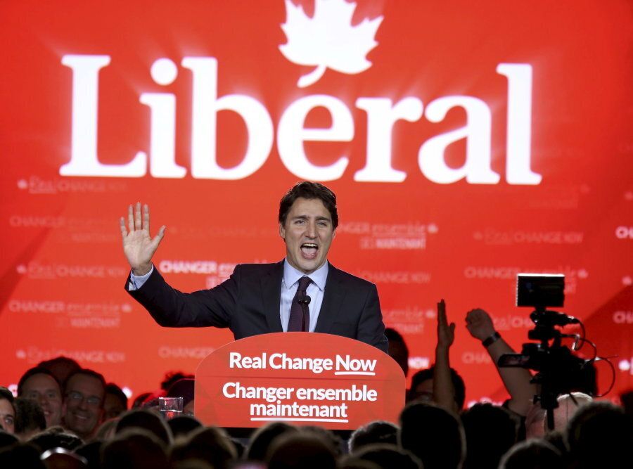 Justin Trudeau delivers his victory speech after Canada's federal election in Montreal on Oct. 19, 2015.