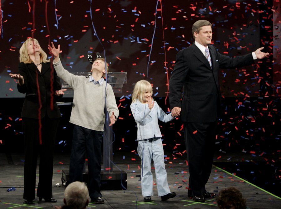 Conservative party leader Stephen Harper, pictured here on Jan. 23, 2006 with his wife Laureen and kids Ben and Rachel ,celebrate his minority government win in the Canadian federal election in Calgary.