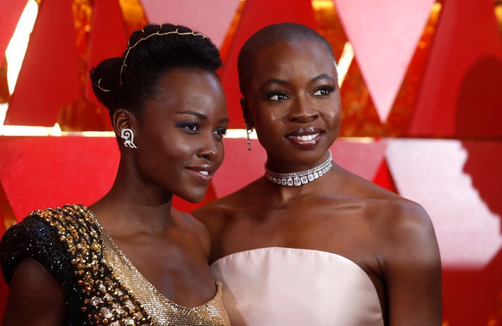 Lupita Nyongo poses with her Black Panther co-star and Danai Gurira at the 90th Academy Awards on March 4, 2018.