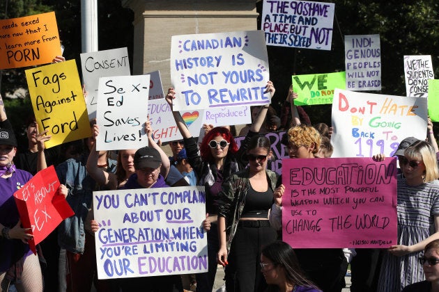 Students stage a sit-in on the lawn at Queen's Park to follow up the #WeTheStudentsDoNotConsent walkout in protest of the Ontario government's roll back of the Sexual Education Curriculum to the 1998 version.