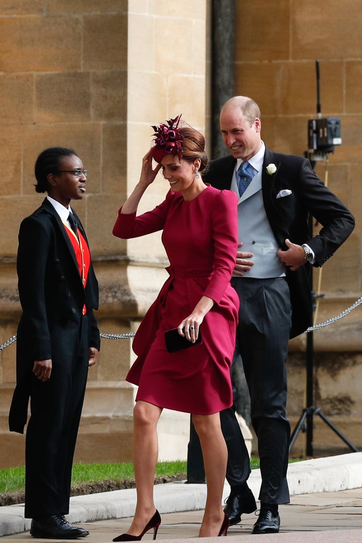 Catherine, Duchess of Cambridge and Prince William, Duke of Cambridge arrive ahead of the wedding of Princess Eugenie of York to Jack Brooksbank at Windsor Castle Friday.