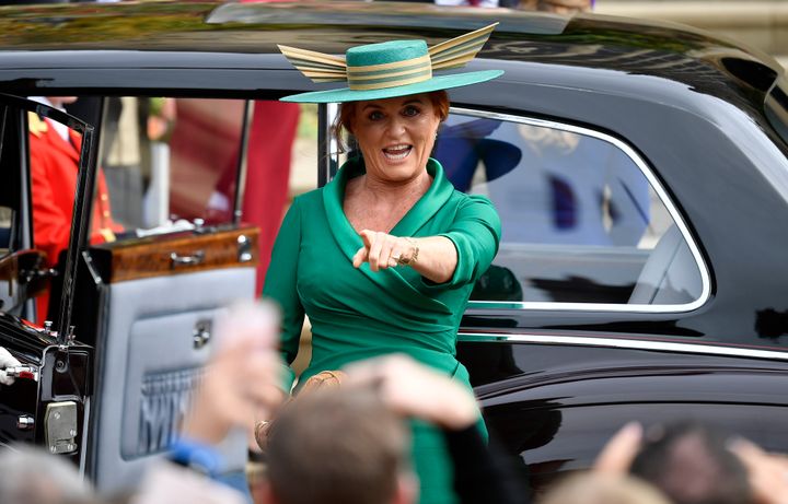Sarah Ferguson arrives for the wedding of daughter Princess Eugenie of York and Jack Brooksbank in St George's Chapel, Windsor Castle, near London, England on Friday.