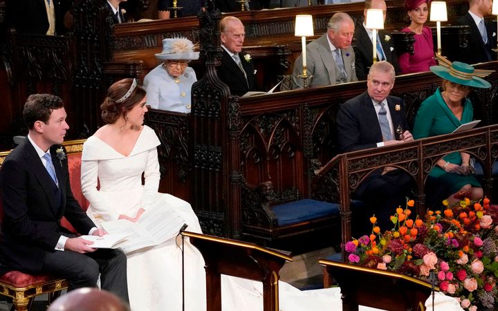 You've got this: Princess Eugenie of York and Jack Brooksbank, left of aisle, look at her parents, Prince Andrew, Duke of York and Sarah, Duchess of York, during their wedding ceremony.