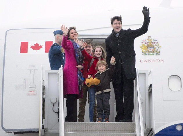 Prime Minister Justin Trudeau, right, departs Ottawa with his wife Sophie Gregoire Trudeau, left to right, and children Xavier, Ella-Grace and Hadrien on Feb. 16, 2018.
