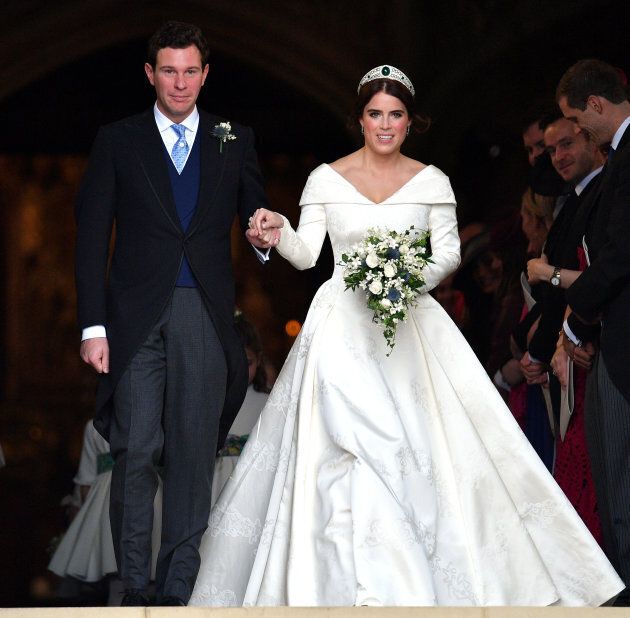 Jack Brooksbank and Princess Eugenie leave St George's Chapel after their wedding ceremony on Oct. 12, 2018.