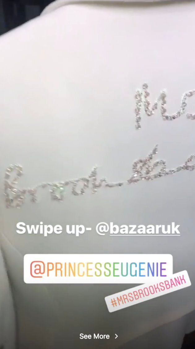 A screenshot of a video posted on Instagram showing Princess Eugenie's custom biker jacket, with "Mrs. Brooksbank" bedazzled onto the back.
