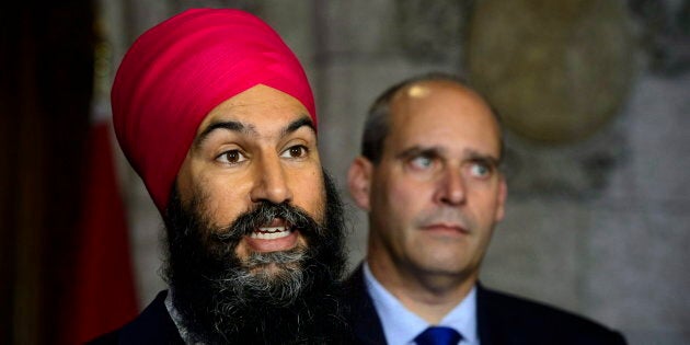 NDP Leader Jagmeet Singh NDP Parliamentary Leader Guy Caron speak to media on Parliament Hill on Sept. 17, 2018.