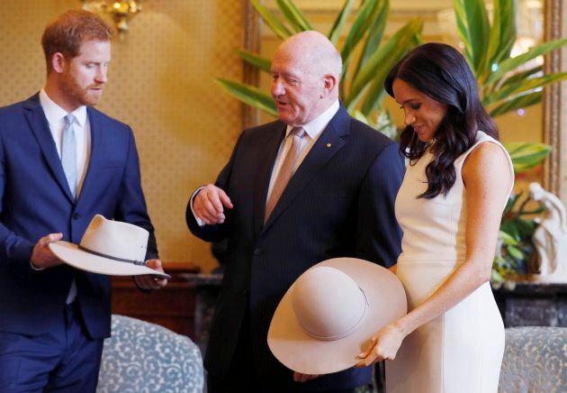 Meghan, Duchess of Sussex, also receives a traditional Australian hat.