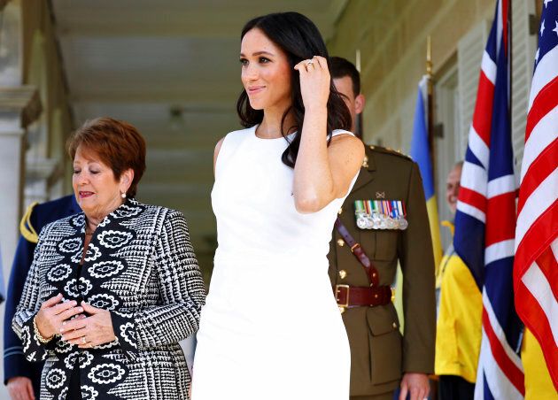 Britain's Duchess of Sussex arrives at Admiralty House in Sydney, Australia, Tuesday, Oct. 16, 2018. Britain's Prince Harry and his wife Meghan are on a 16-day tour of Australia and the South Pacific.(Phil Noble/Pool via AP)