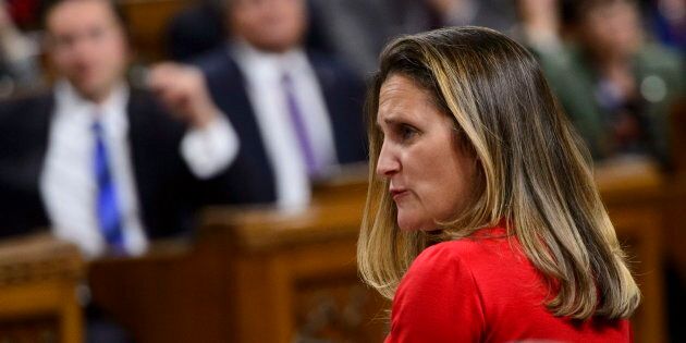 Minister of Foreign Affairs Chrystia Freeland stands during question period in the House of Commons on Parliament Hill in Ottawa on Oct. 15, 2018.
