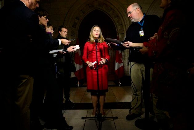 Foreign Affairs Minister Chrystia Freeland speaks to reporters on Parliament Hill in Ottawa on Oct. 15, 2018.