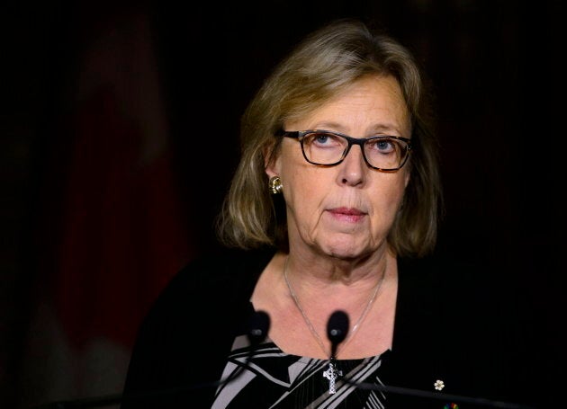 Green Party Leader Elizabeth May speaks to reporters on Parliament Hill on Oct. 15, 2018.