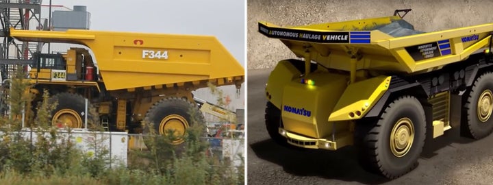 A photo of a manned heavy-haul truck in Alberta's oilsands, left, is shown next to a computer rendering of a next-generation unmanned version.