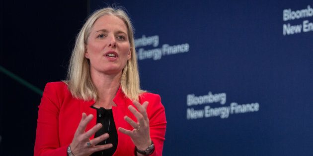 Environment Minister Catherine McKenna speaks on a panel during the BNEF Future of Energy Summit in New York on April 9, 2018.