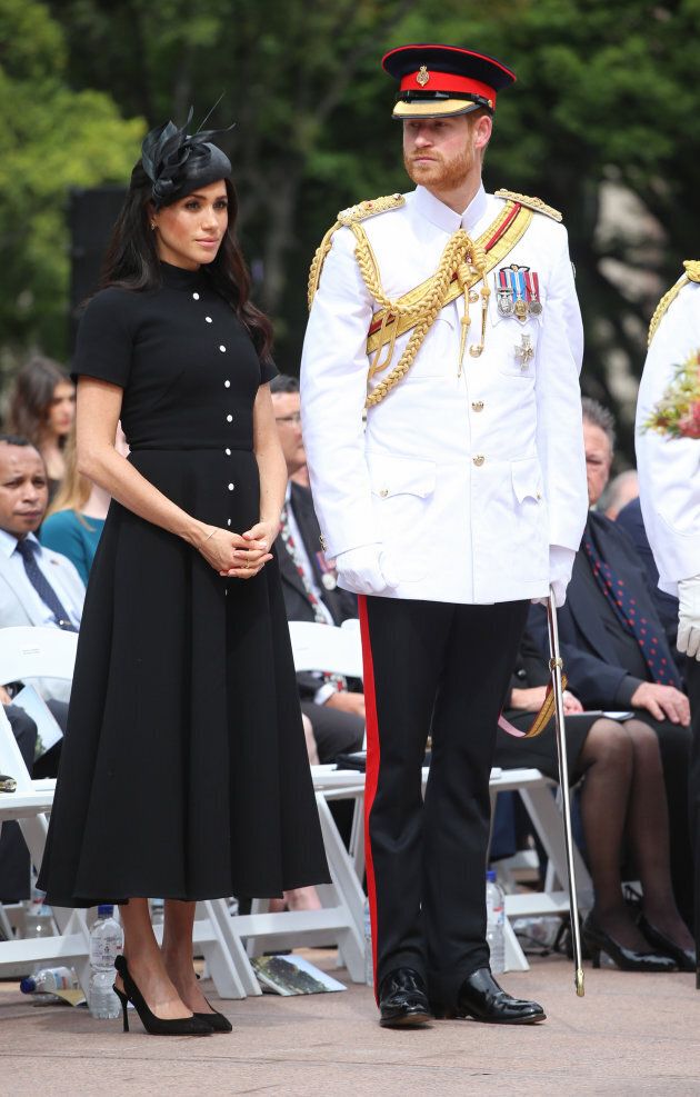 Prince Harry and Meghan Markle attend the opening of Anzac Memorial at Hyde Park in Sydney, Australia, on Saturday.