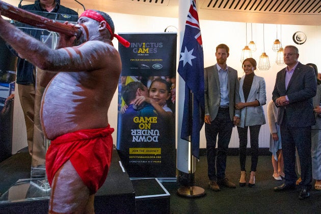 Harry and Meghan attend a lunchtime reception hosted by Prime Minister Scott Morrison with Invictus Games competitors and representatives of the community in the city's central parkland, The Domain in Sydney, on Sunday.