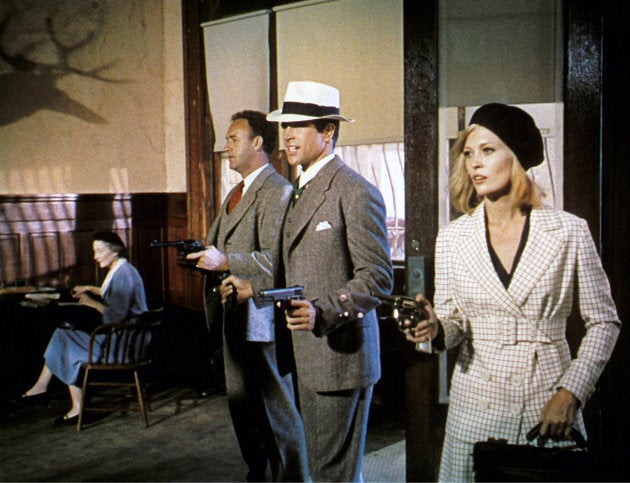 Gene Hackman, Warren Beatty, and Faye Dunaway on the set of "Bonnie and Clyde," directed by Arthur Penn.