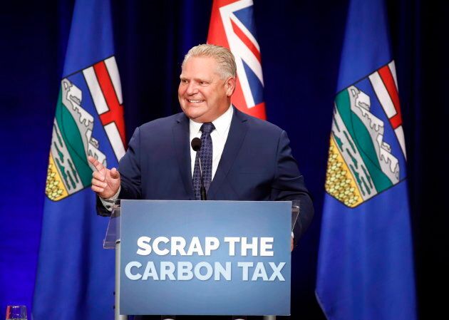 Ontario Premier Doug Ford speaks to supporters at an anti-carbon tax rally in Calgary on Oct. 5, 2018.