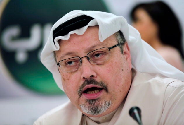 Jamal Khashoggi speaks during a news conference in Manama, Bahrain on Feb. 1, 2015.