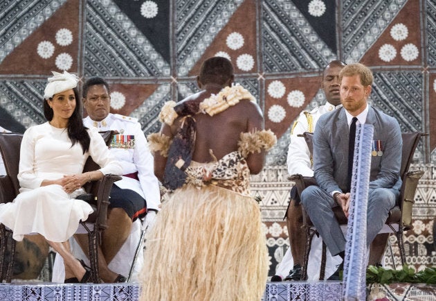 Meghan and Harry attend an official welcome ceremony in Suva.