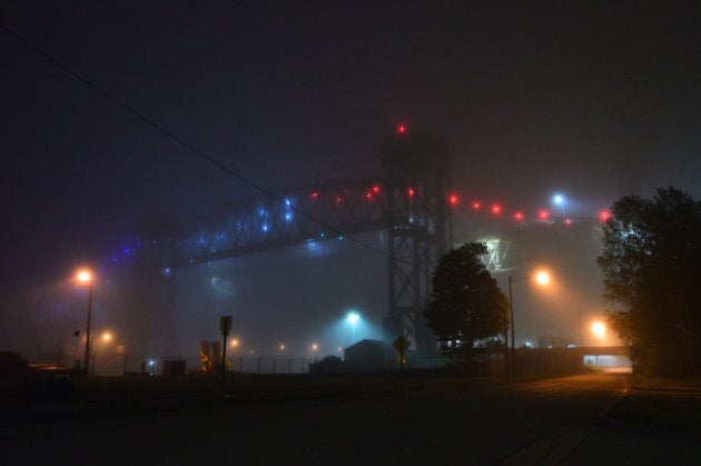 The Sault Ste. Marie International Bridge at night.