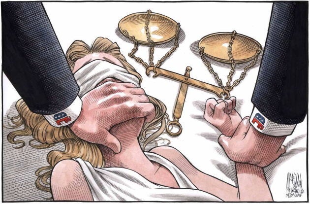 A cartoon depicting the assault of Lady Justice went viral in the wake of recent allegations against Supreme Court justice Brett Kavanaugh.