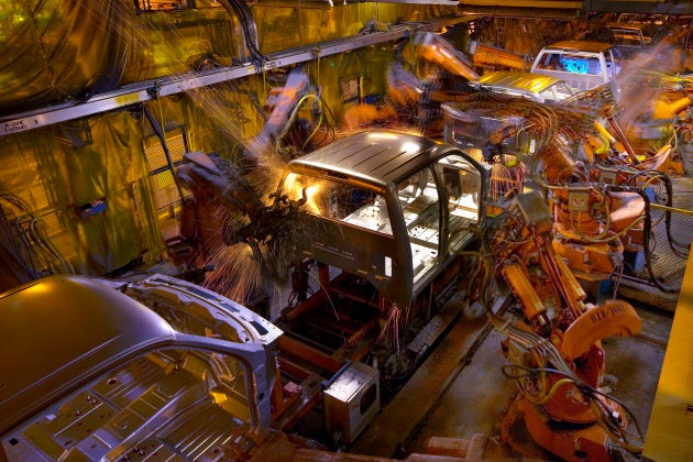 The cabs of General Motors pick-up trucks move through a completely automated robotic welding operation on the assembly line at the Oshawa Truck Assembly Plant in Oshawa, Ont.