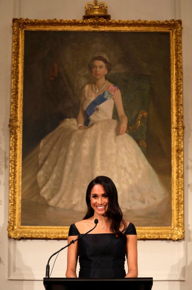 Meghan Markle addresses a reception celebrating the 125th anniversary of women's suffrage in New Zealand at Government House in Wellington on Sunday.