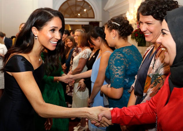 Meghan meets guests at the celebration of the 125th anniversary of women's suffrage in Wellington on Sunday.