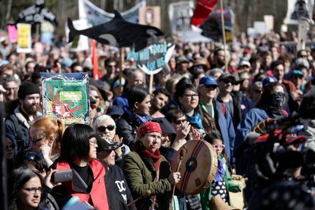 Indigenous leaders, Coast Salish Water Protectors and others demonstrate against the expansion of Kinder Morgan's Trans Mountain pipeline project in Burnaby, B.C.