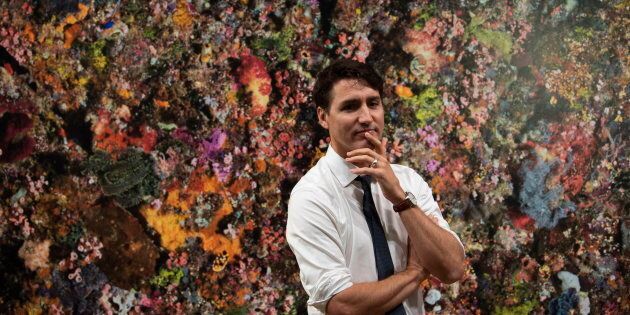 Prime Minister Justin Trudeau stands in front of an image of a coral wall as he walks through the National Gallery in Ottawa on Oct. 29, 2018.