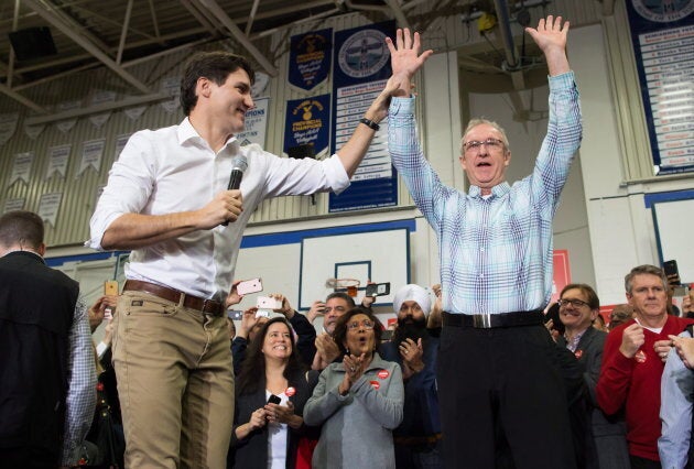 Prime Minister Justin Trudeau and South Surrey-White Rock Liberal byelection candidate Gordie Hogg are shown at a rally in Surrey, B.C., on Dec. 2, 2017. Hogg would go on to win the seat.