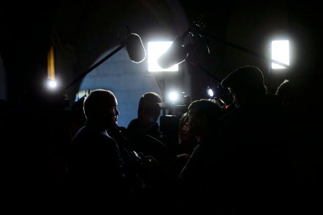 Conservative MP Erin O'Toole talks to media in the foyer of the House of Commons on Parliament Hill in Ottawa on Oct. 24, 2018.